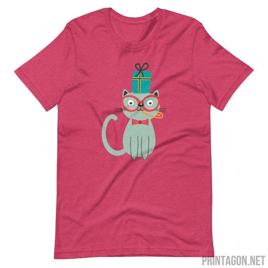 Printagon - Cat with Eye Glasses - Unisex T-shirt - Heather Raspberry / S