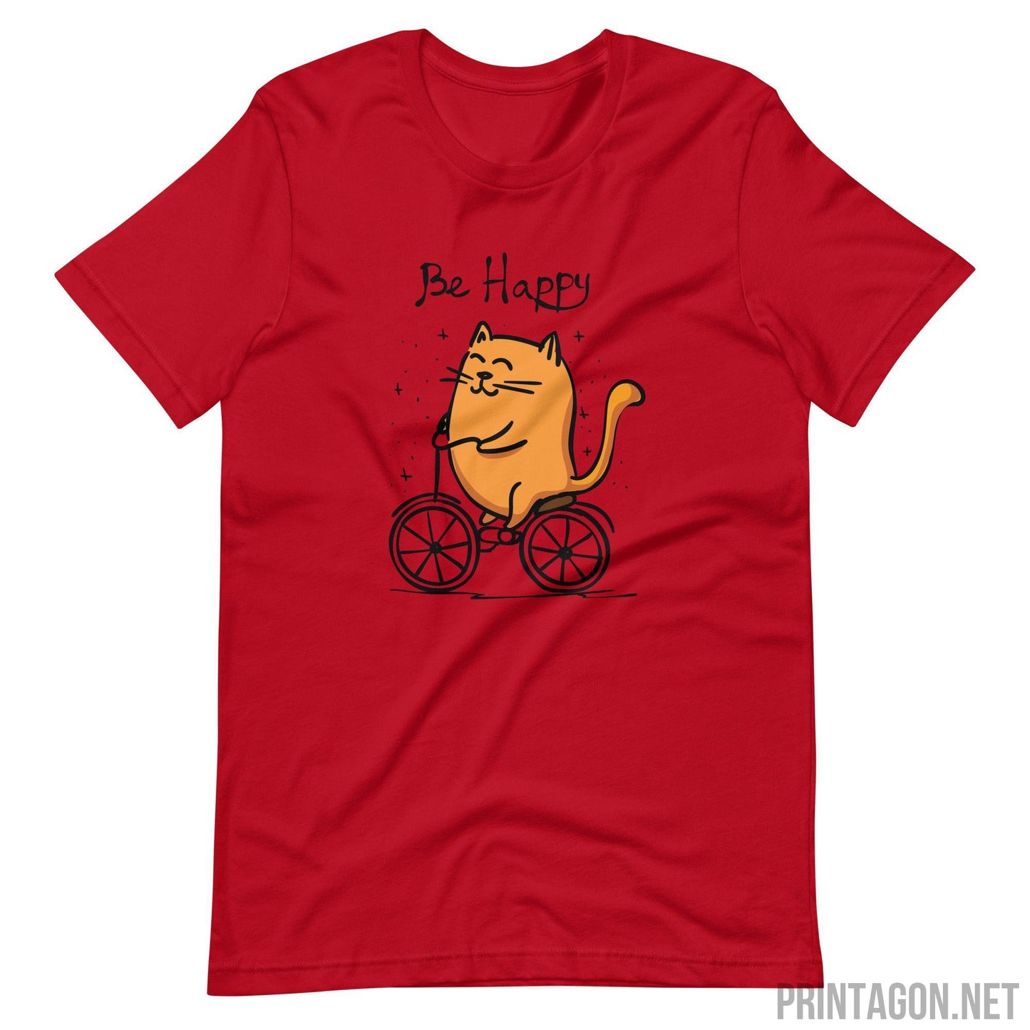 Printagon - Be Happy Cat - Unisex T-shirt - Red / XS