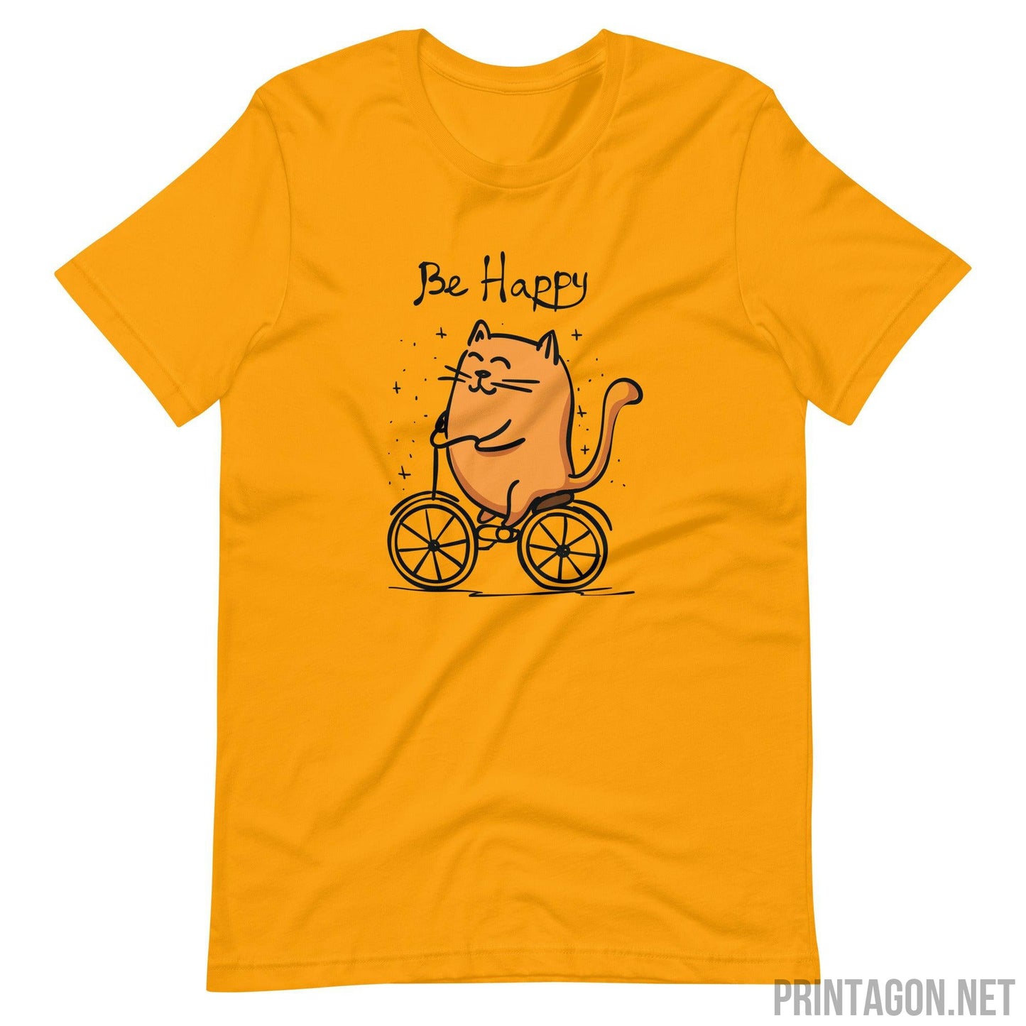 Printagon - Be Happy Cat - Unisex T-shirt - Gold / S