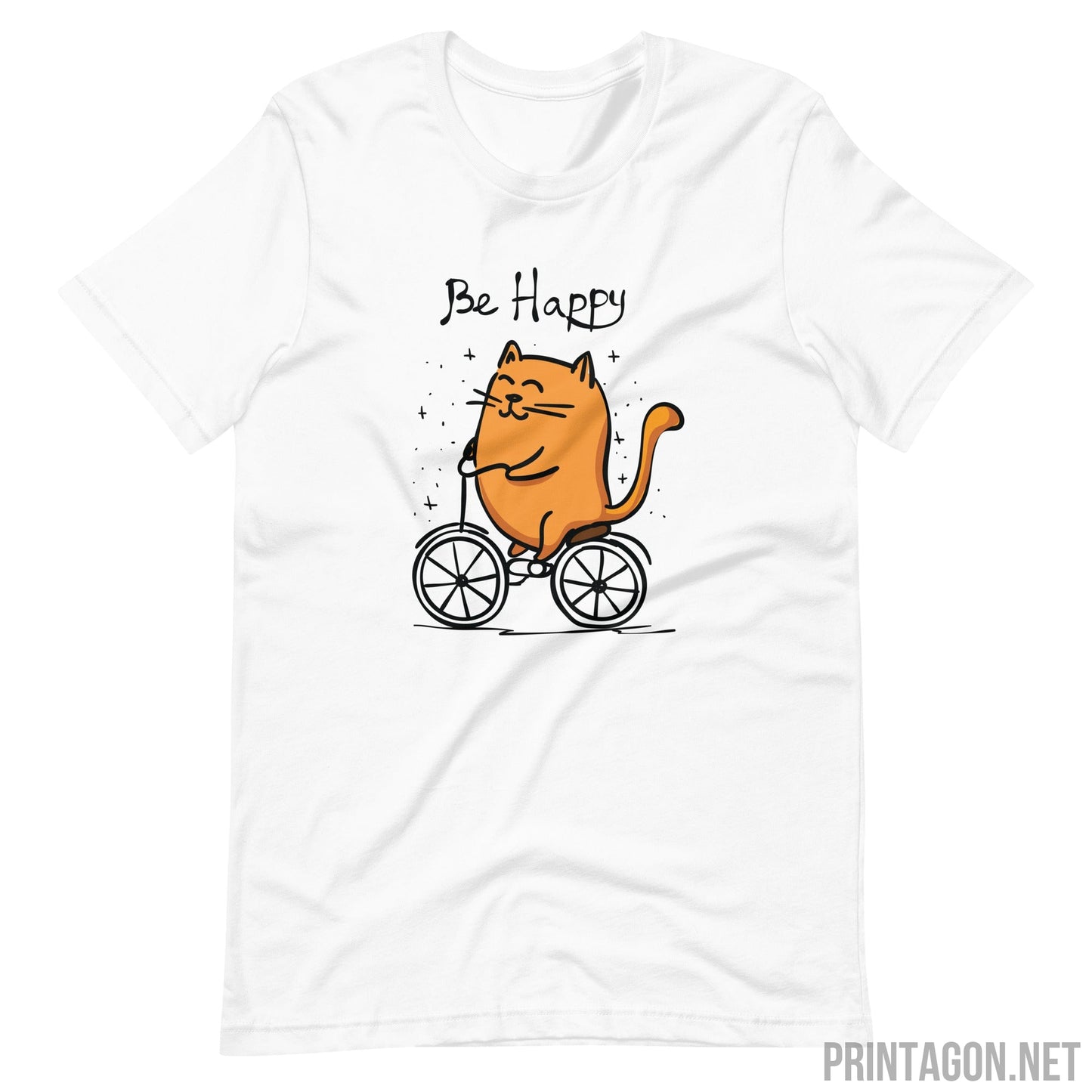 Printagon - Be Happy Cat - Unisex T-shirt - White / XS