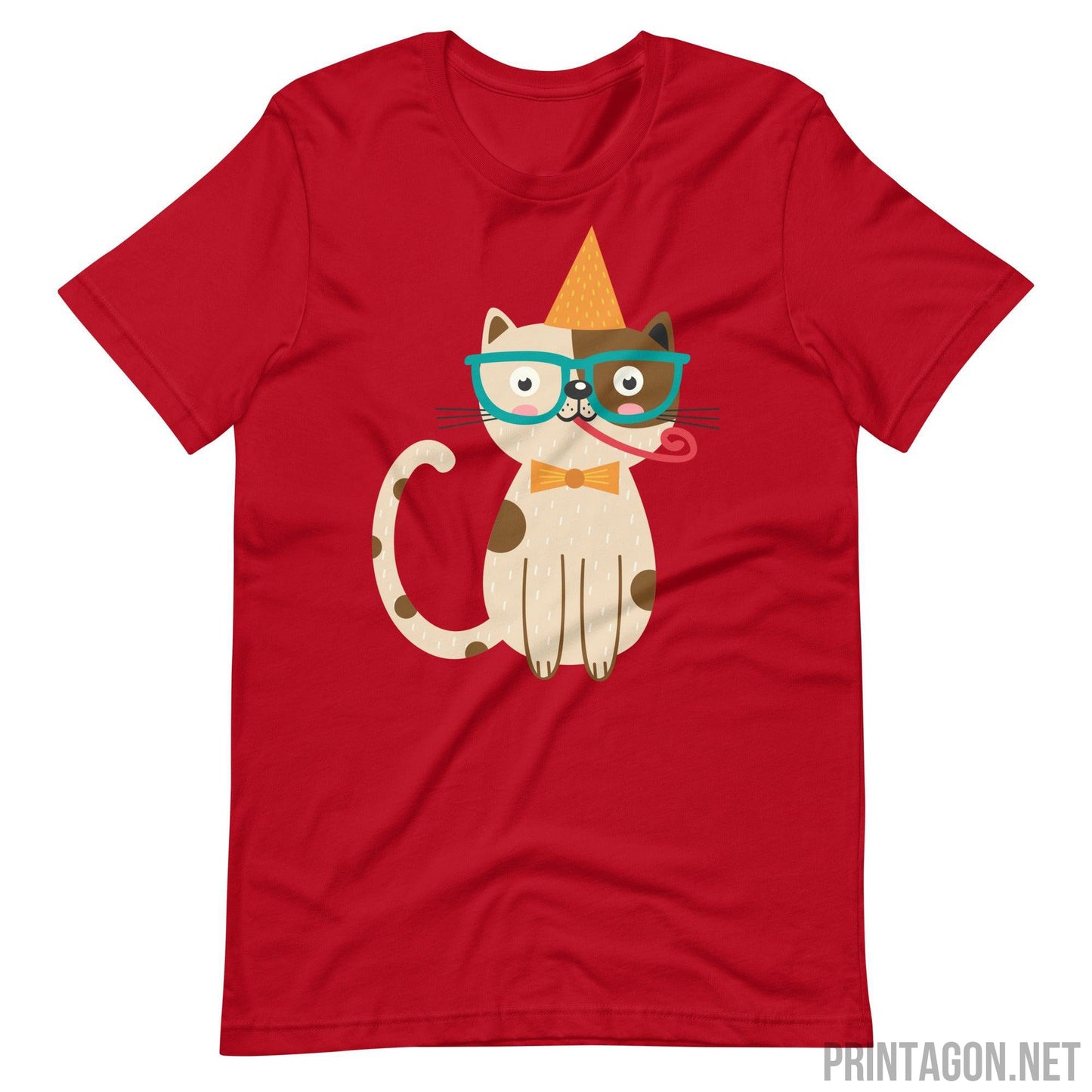 Printagon - Birthday Cat - Unisex T-shirt - Red / XS