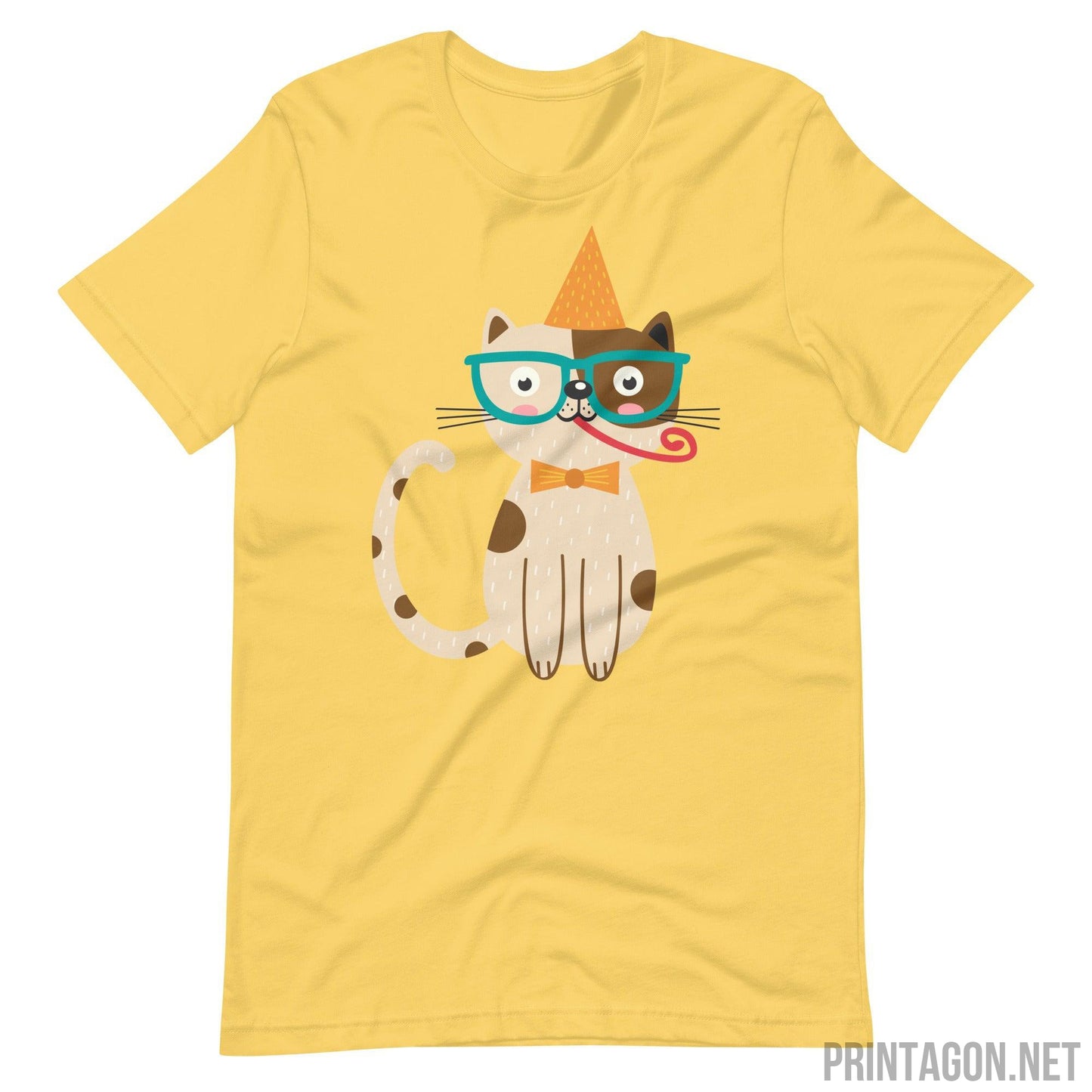 Printagon - Birthday Cat - Unisex T-shirt - Yellow / S