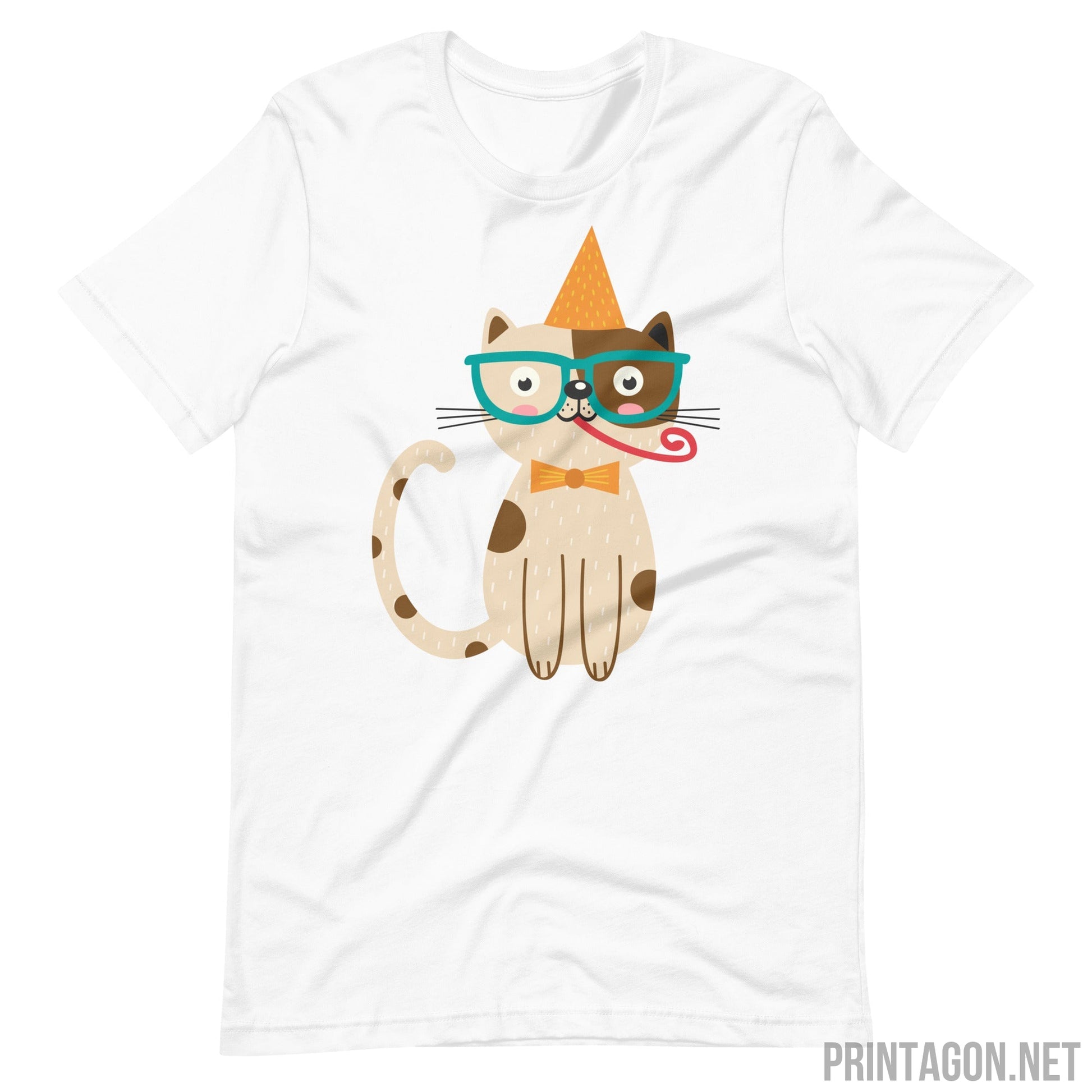 Printagon - Birthday Cat - Unisex T-shirt - White / XS