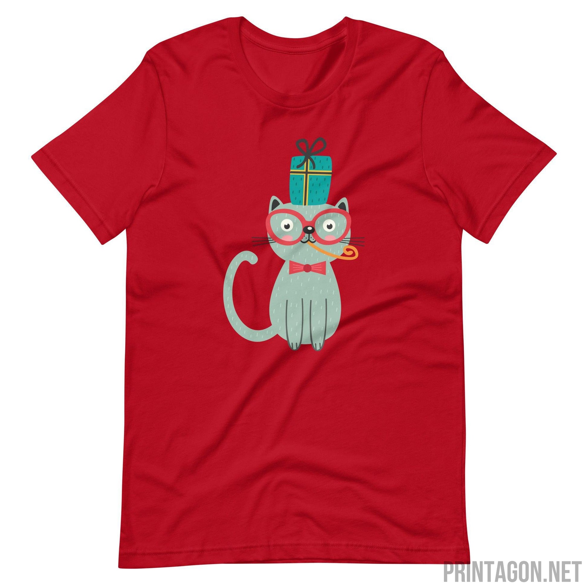 Printagon - Cat with Eye Glasses - Unisex T-shirt - Red / XS