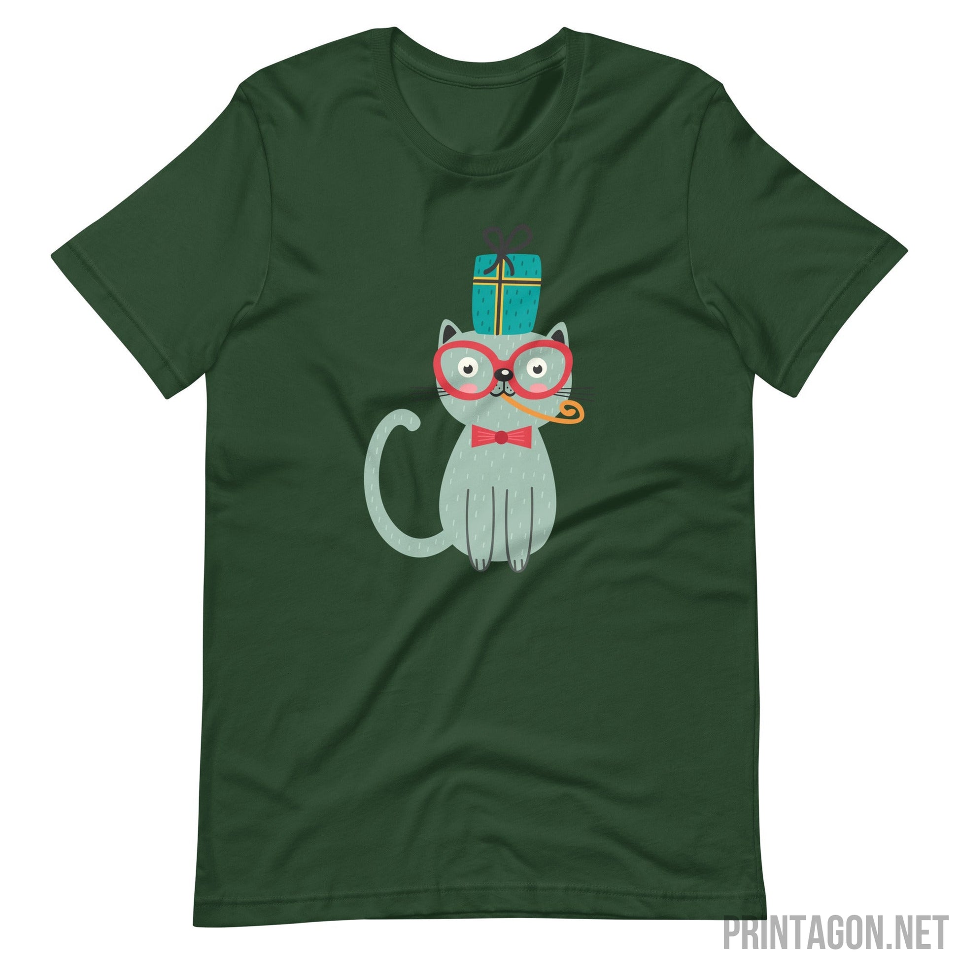 Printagon - Cat with Eye Glasses - Unisex T-shirt - Forest / S