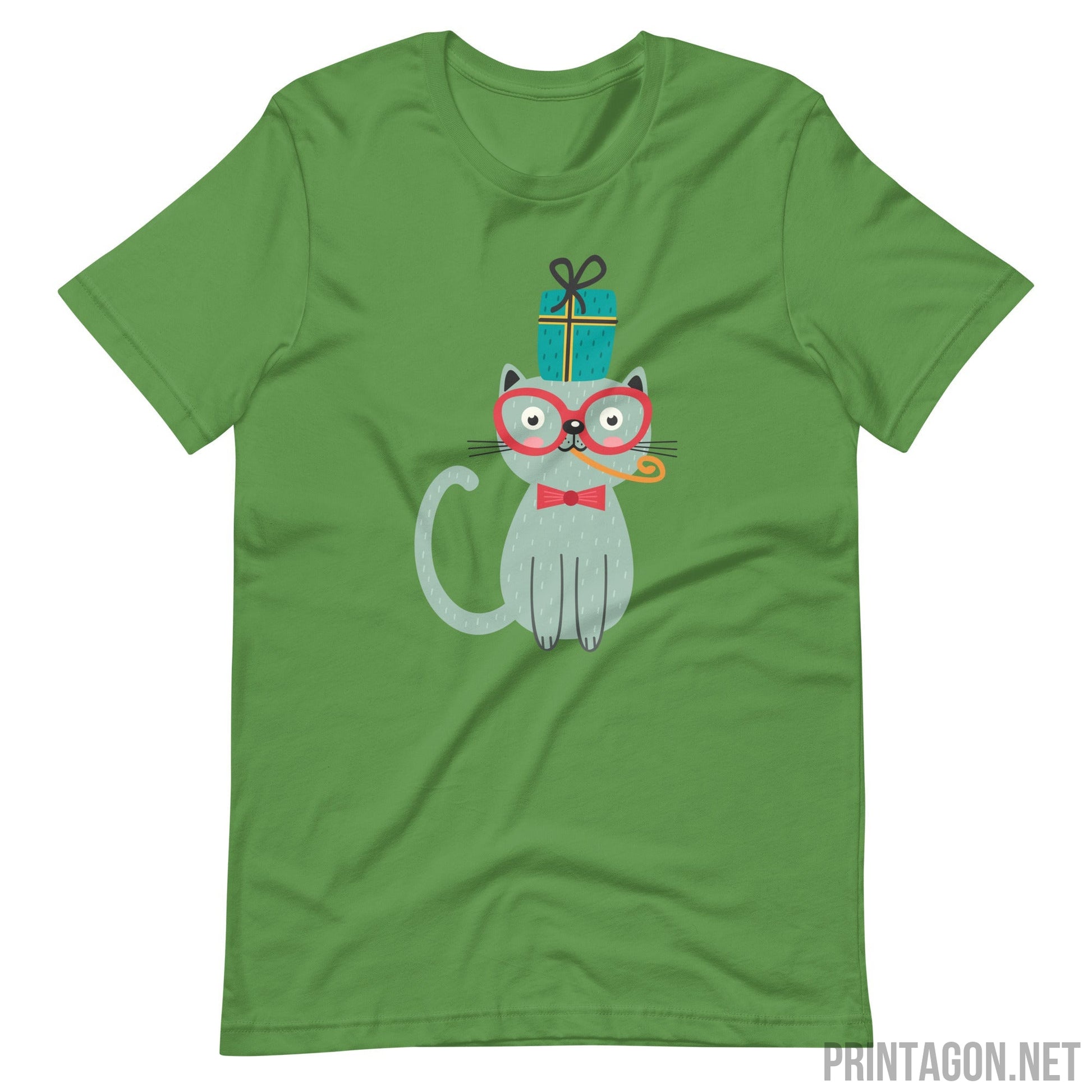 Printagon - Cat with Eye Glasses - Unisex T-shirt - Leaf / S