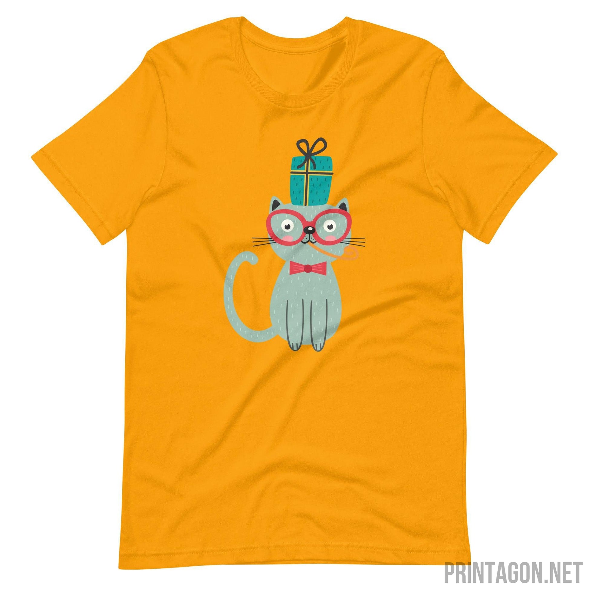 Printagon - Cat with Eye Glasses - Unisex T-shirt - Gold / S