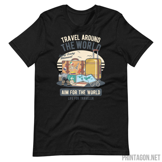 Travel Around The World - Unisex T-shirt - Black Heather / XS Printagon