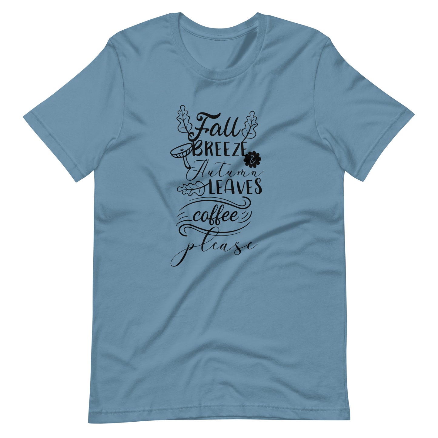 Printagon - Fall Breeze Autumn Leaves Coffee Please - Unisex T-shirt - Steel Blue / S