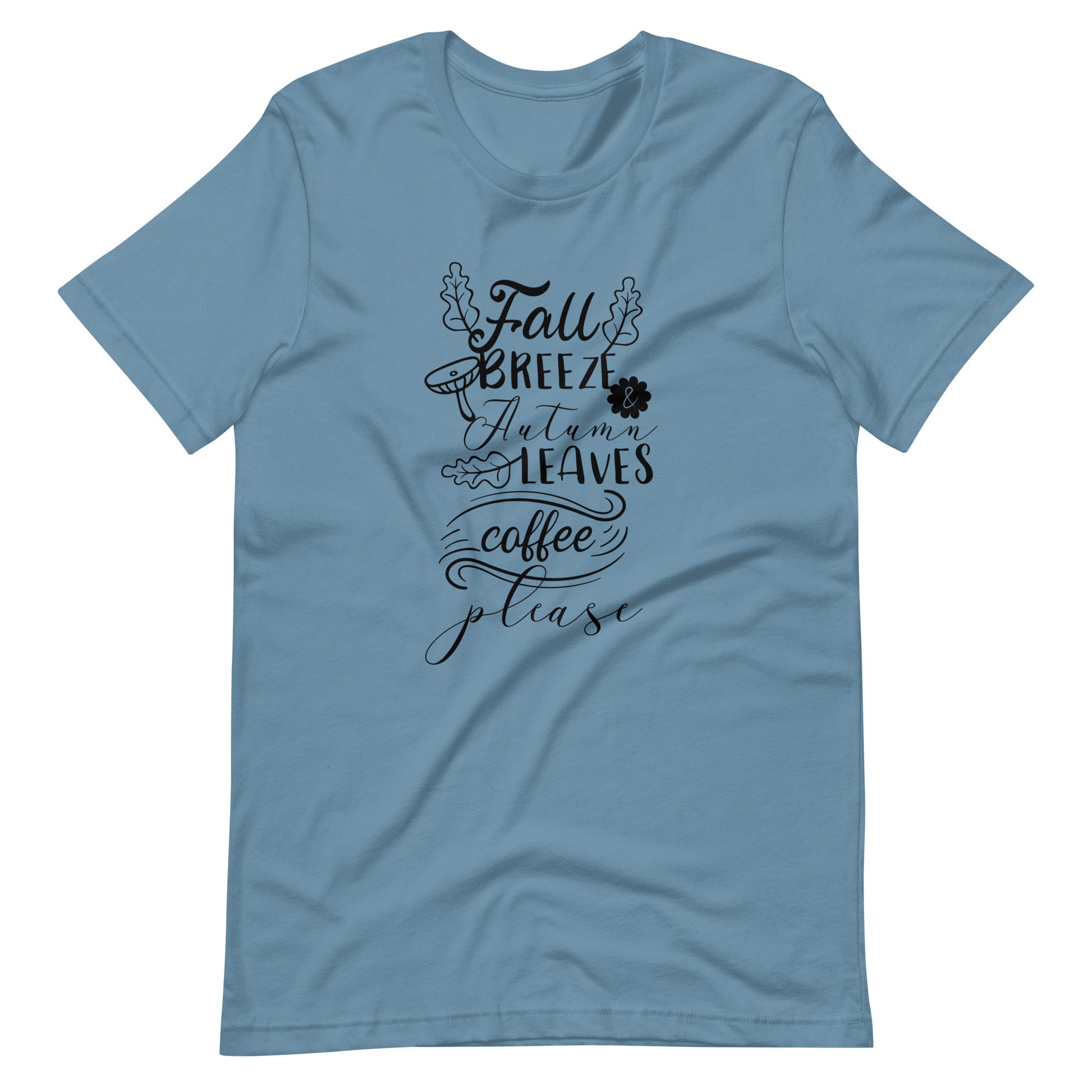 Printagon - Fall Breeze Autumn Leaves Coffee Please - Unisex T-shirt - Steel Blue / S