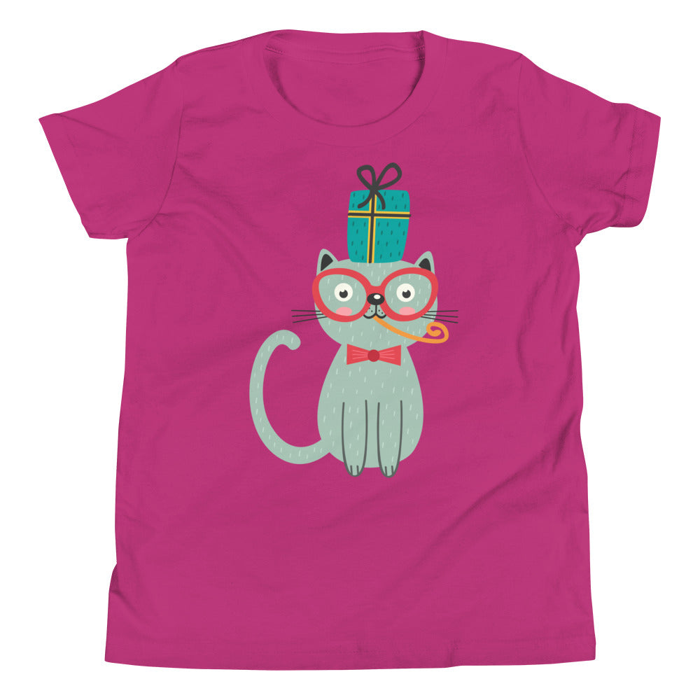 Printagon - Cat and a Present - Kids Unisex T-shirt - Berry / S