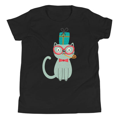 Printagon - Cat and a Present - Kids Unisex T-shirt - Black / S