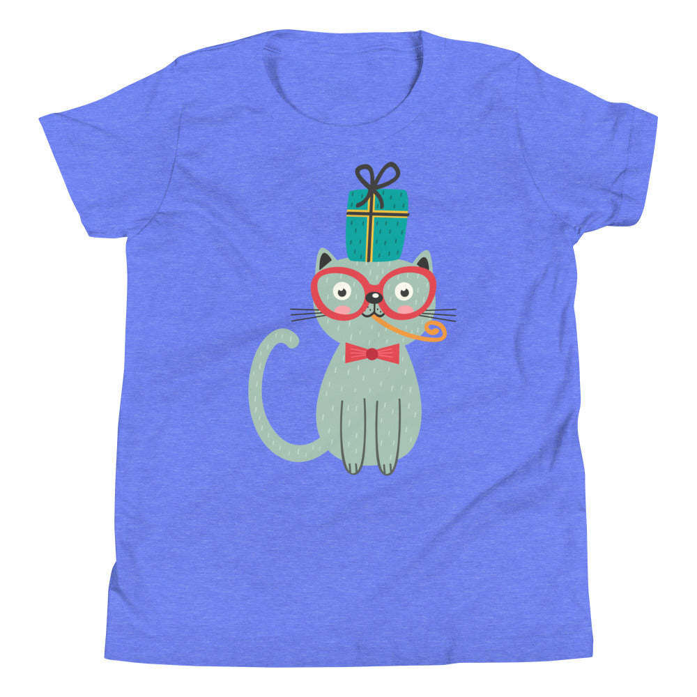 Printagon - Cat and a Present - Kids Unisex T-shirt - Heather Columbia Blue / S