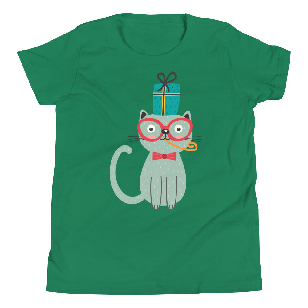 Printagon - Cat and a Present - Kids Unisex T-shirt - Kelly / S