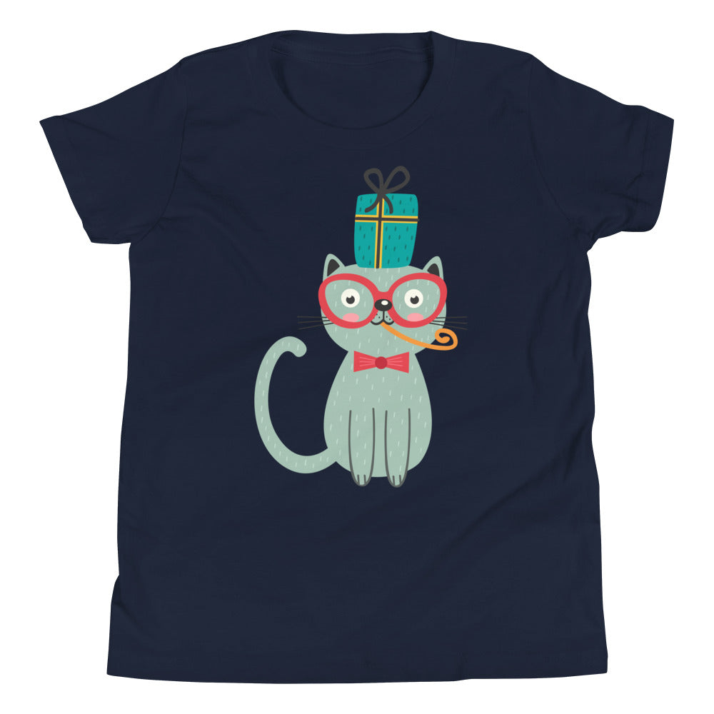 Printagon - Cat and a Present - Kids Unisex T-shirt - Navy / S