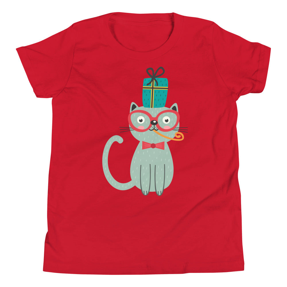 Printagon - Cat and a Present - Kids Unisex T-shirt - Red / S